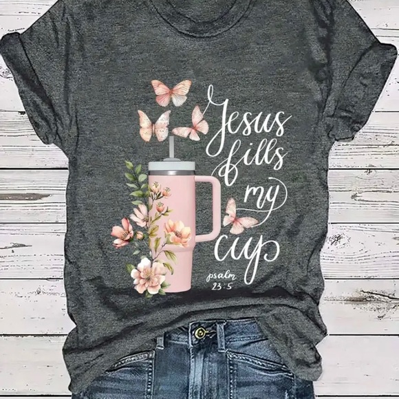 Gray Graphic Tee with Pink Floral Design - Picture 1 of 5